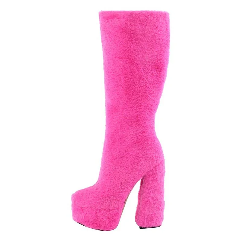 

Winter Autumn Furry Women's Boots Thick Sole Platform Knee High Boots Fur Round Toe Chunky High Heels Party Dress Shoes Woman