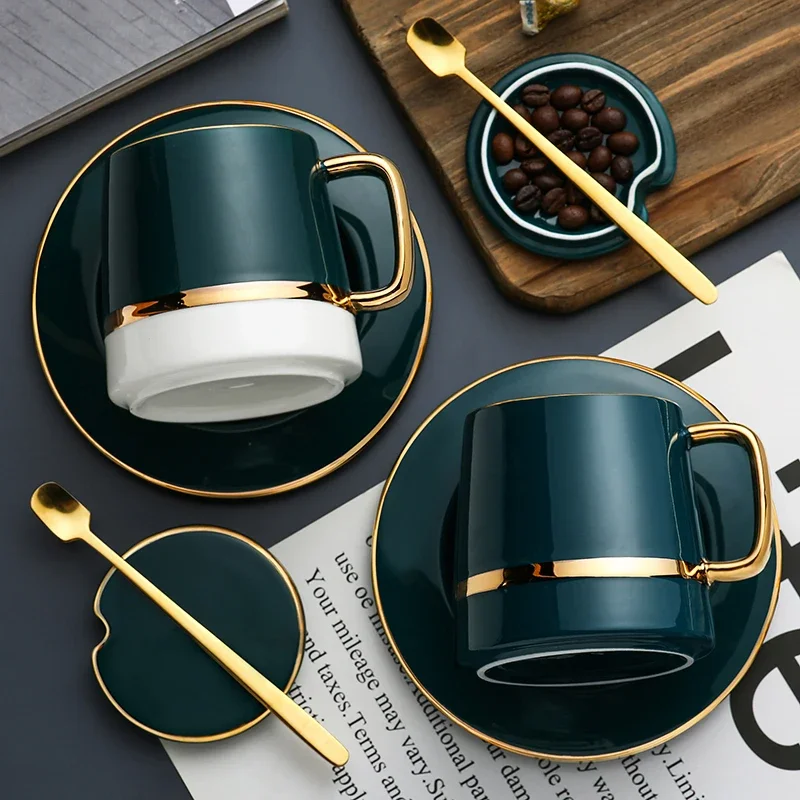 Simple Modern Ceramic  Spoon Set Gold Metal Tea Cup Vintage Reusable Tazas De Cafe Drinkware Coffee