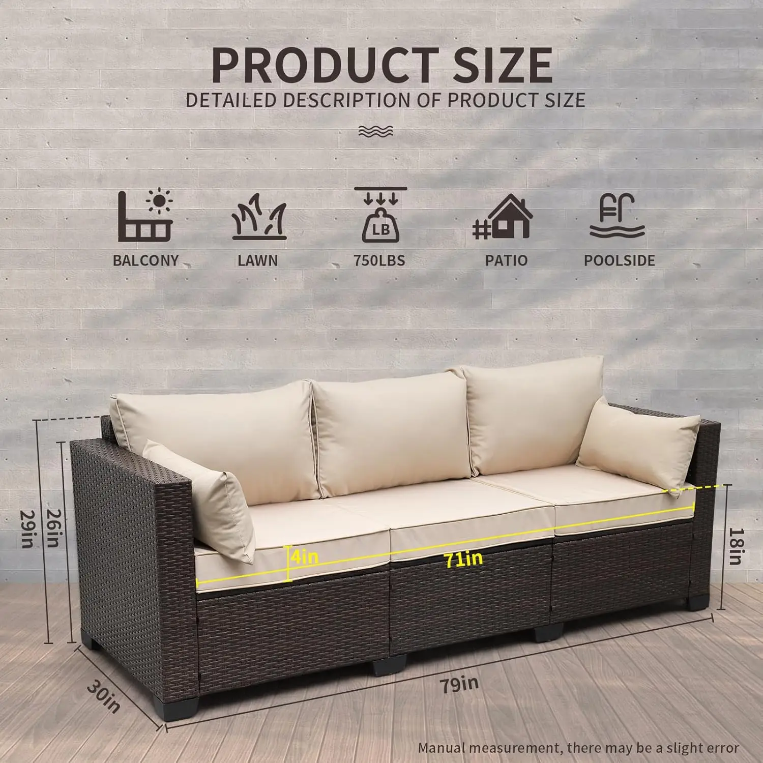 Terrace sofa with PE core, 3-seater outdoor brown rattan sofa, deep seated furniture with anti slip beige cushion