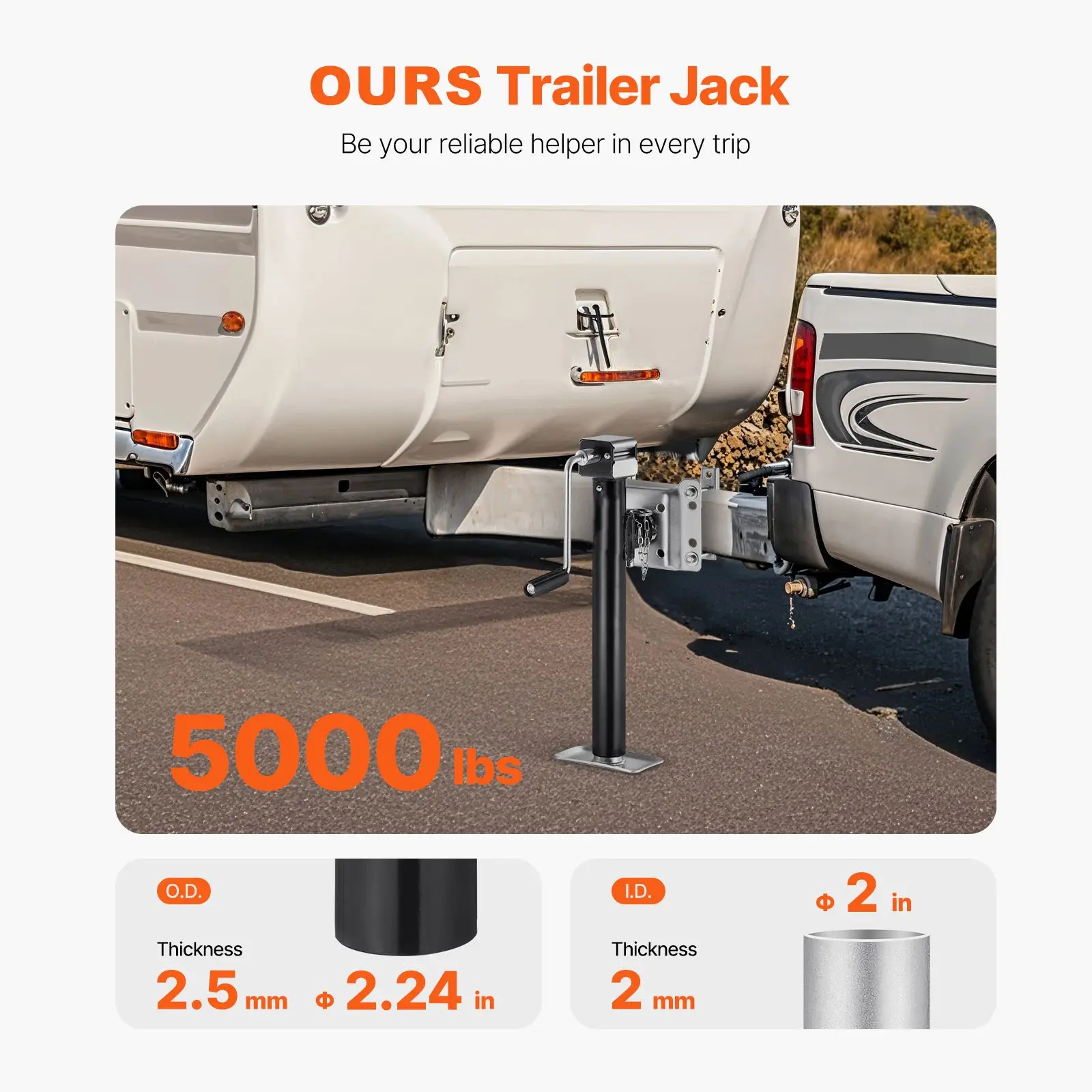 Trailer Jack, 5000 lbs Dynamic Load Capacity, Heavy Duty Swivel Bolt-on, 14.3