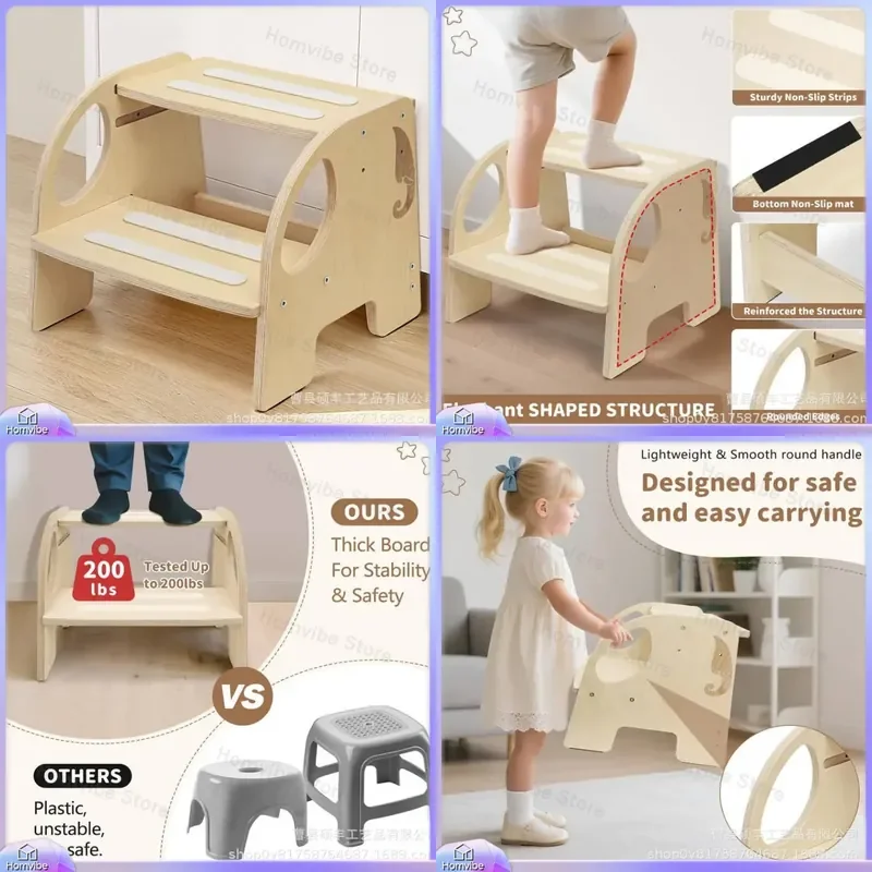 Wooden Kids Step Stool 2 Tier Non Slip Baby Elephant Climbing Stool Toddler Hand Washing Aid Household Furniture Safety