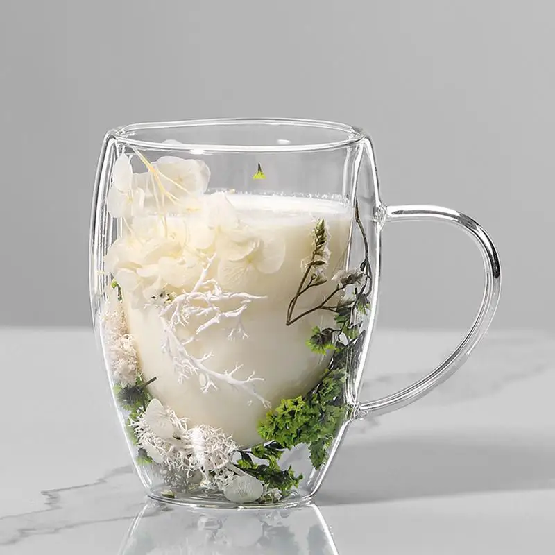 350ml Artificial Flower Glass Coffee Mug Double-Walled Glass Glasses A sky full of stars dried flowers milk coffee glass cups