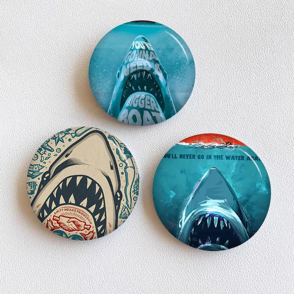 Jaws Classic Movie Cartoon Brooches Anime Badge Round Handmade Brooch Lapel Pins Jewelry For Backpack Clothes Gifts