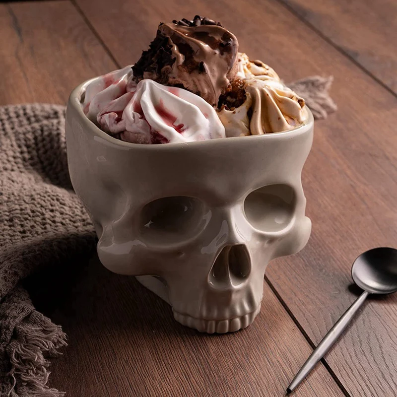 

ABRW-Retro Tabletop Decoration Porcelain Gothic Skull Pasta Bowl Halloween Tableware Bar Food Noodle Salad Candy Ceramic Bowl