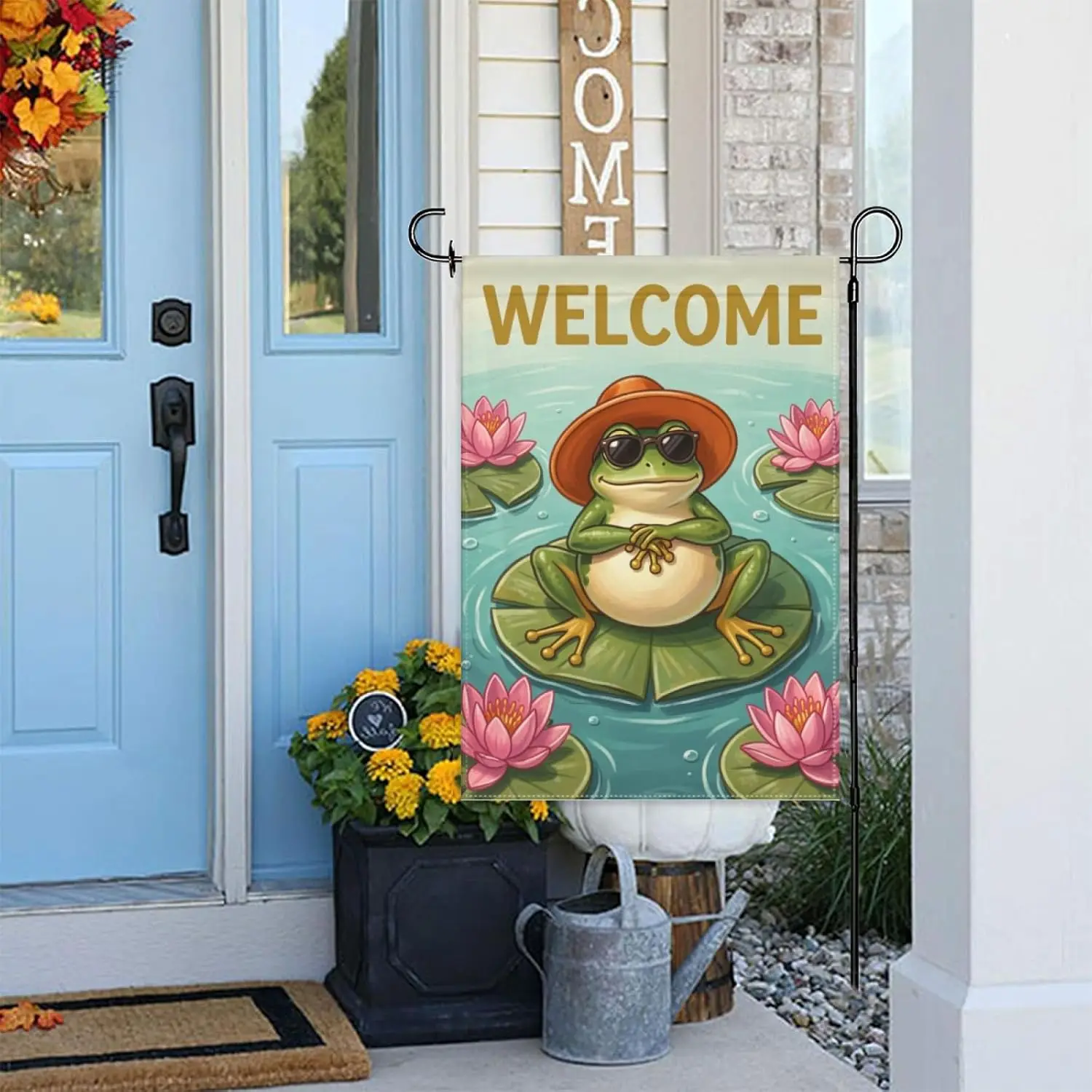 Cool Frog Welcome Garden Flag 12×18in Double Sided Vertical Summer Lily Pad Decorative Outdoor Sign For Yard Lawn Patio Home IIC