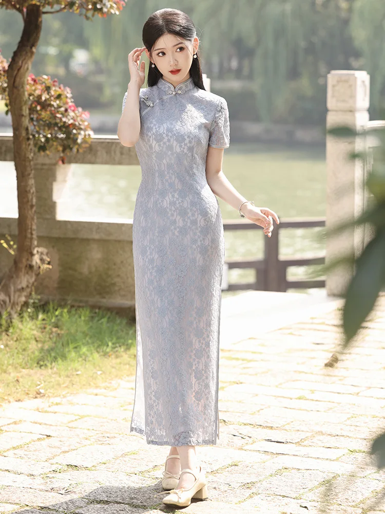 

Gray Sexy Lace Cheongsam Vestidso High Split Short Sleeve Evening Party Dress Women Vintage Mandarin Collar Qipao