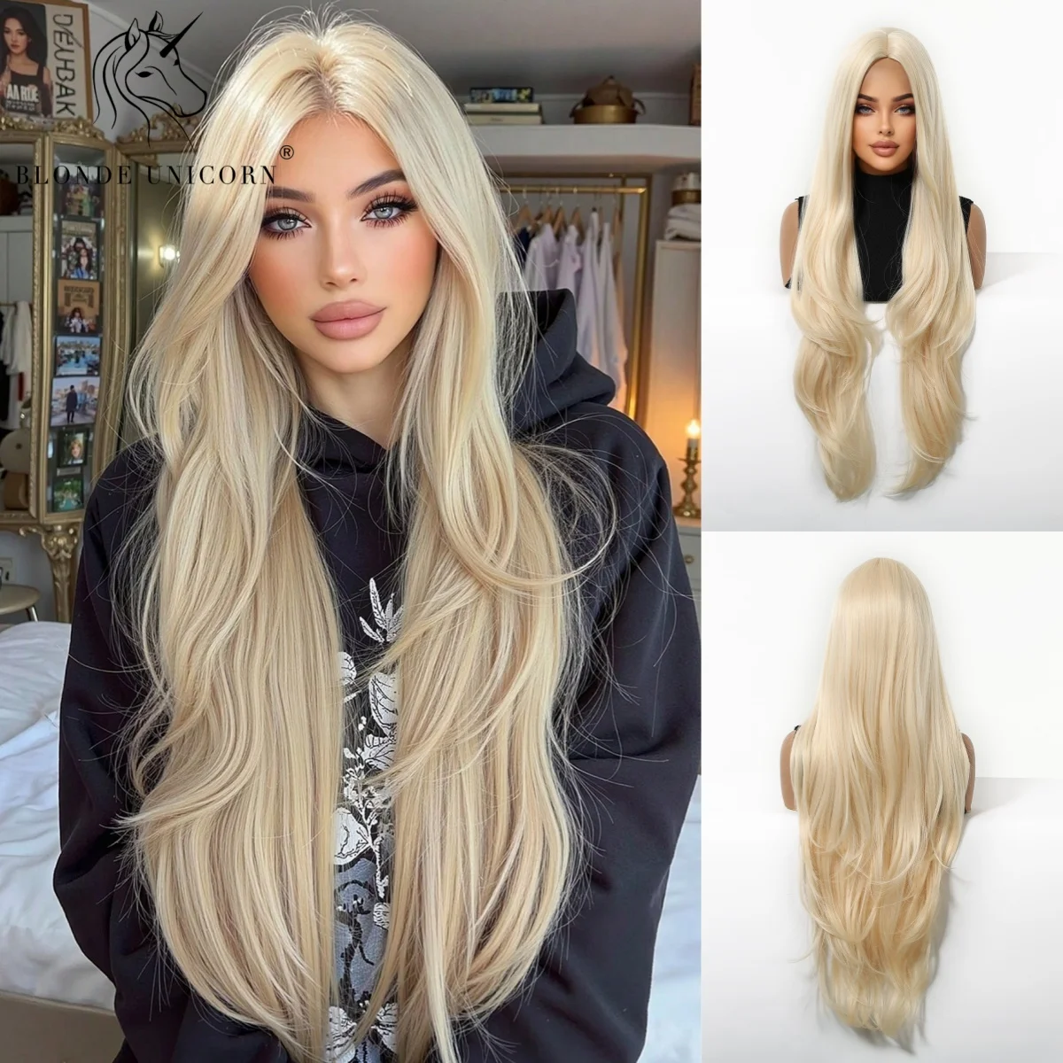 Blonde Unicorn Golden Blonde Synthetic Wig for Women Middle Part Long Wavy Heat Resistant Hair for Daily Party Cosplay Halloween
