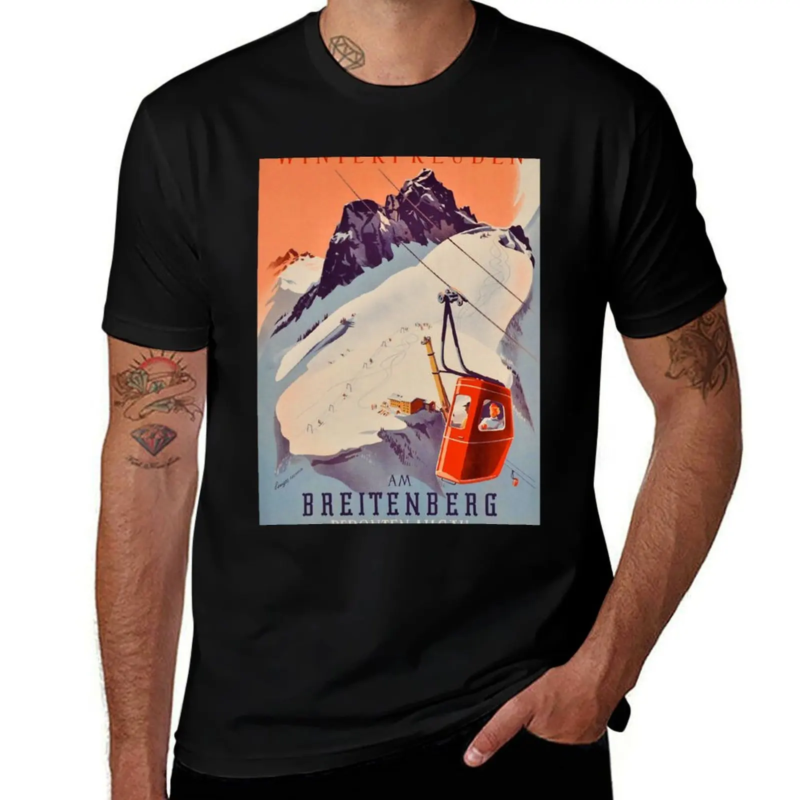 Vintage German Gondola Sport Ski Travel poster T-Shirt Simple Casual Short Sleeve Cotton T-Shirt