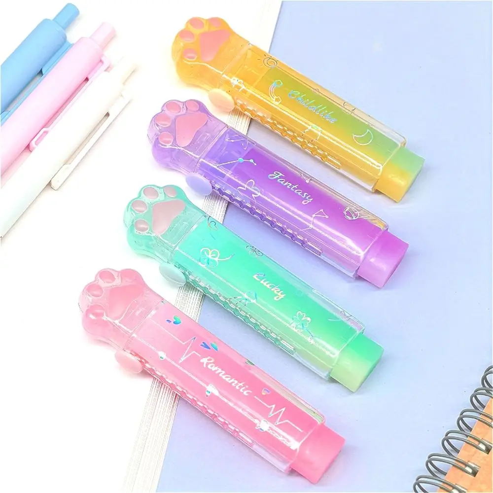 Cute Jelly Color Cat Paw Correction Rubber Retractable No Residue Pencil Eraser Portable Push Type Eraser Student Use