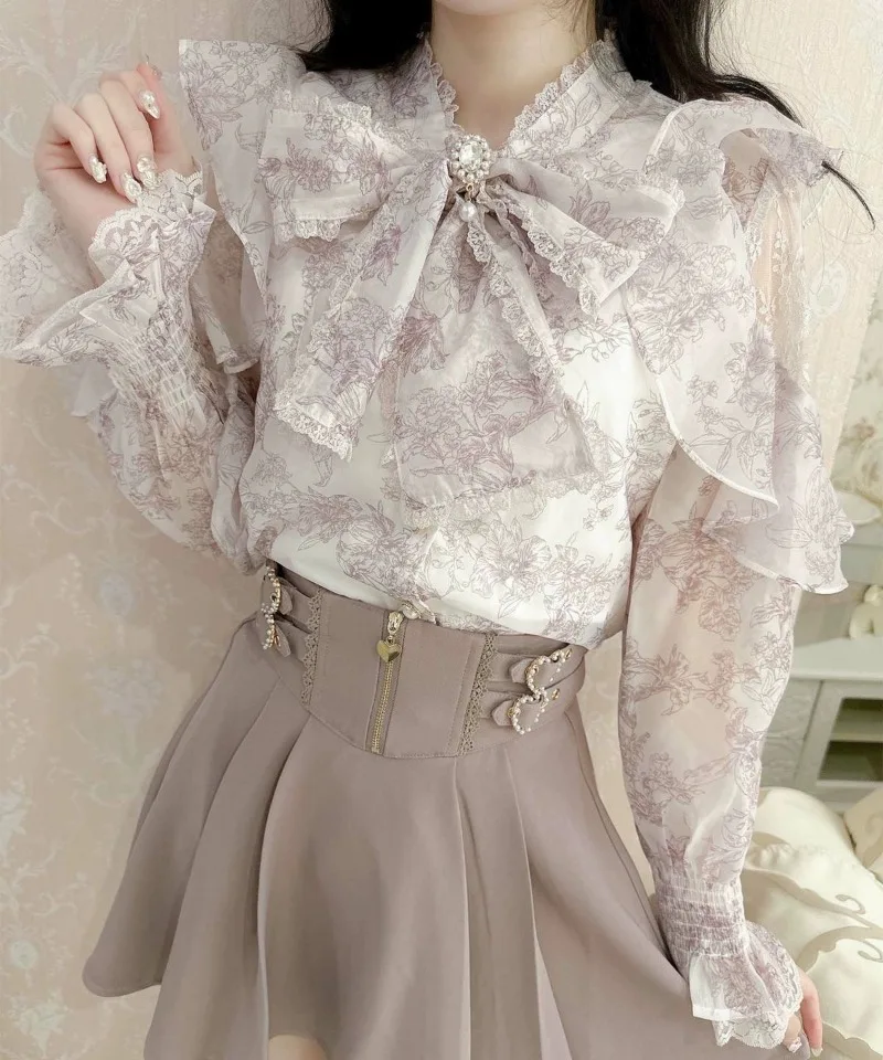 

Print Thin V Neck Lantern Sleeve Shirt Japan New Sweet Lovely Bow All-match Blouses Classic Ruffles Casual French Style Blusas