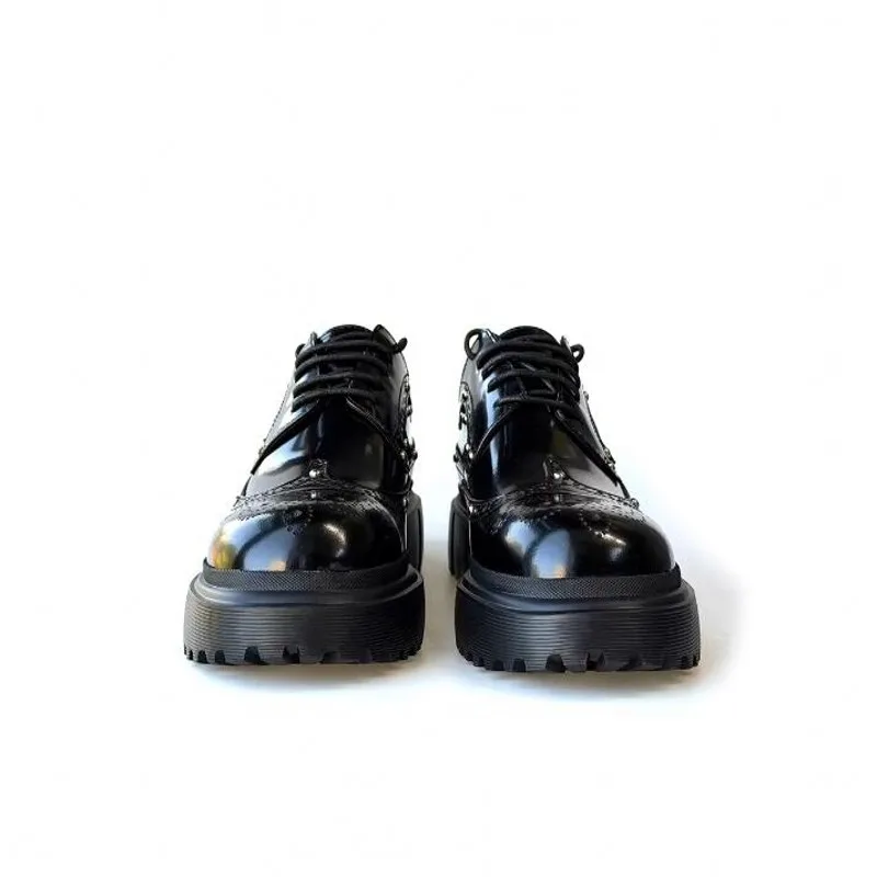 Handmade Black Platform Shoes Men Rivets Carved Brogue Shoe Genuine Leather Man Wedding Dress Shoes