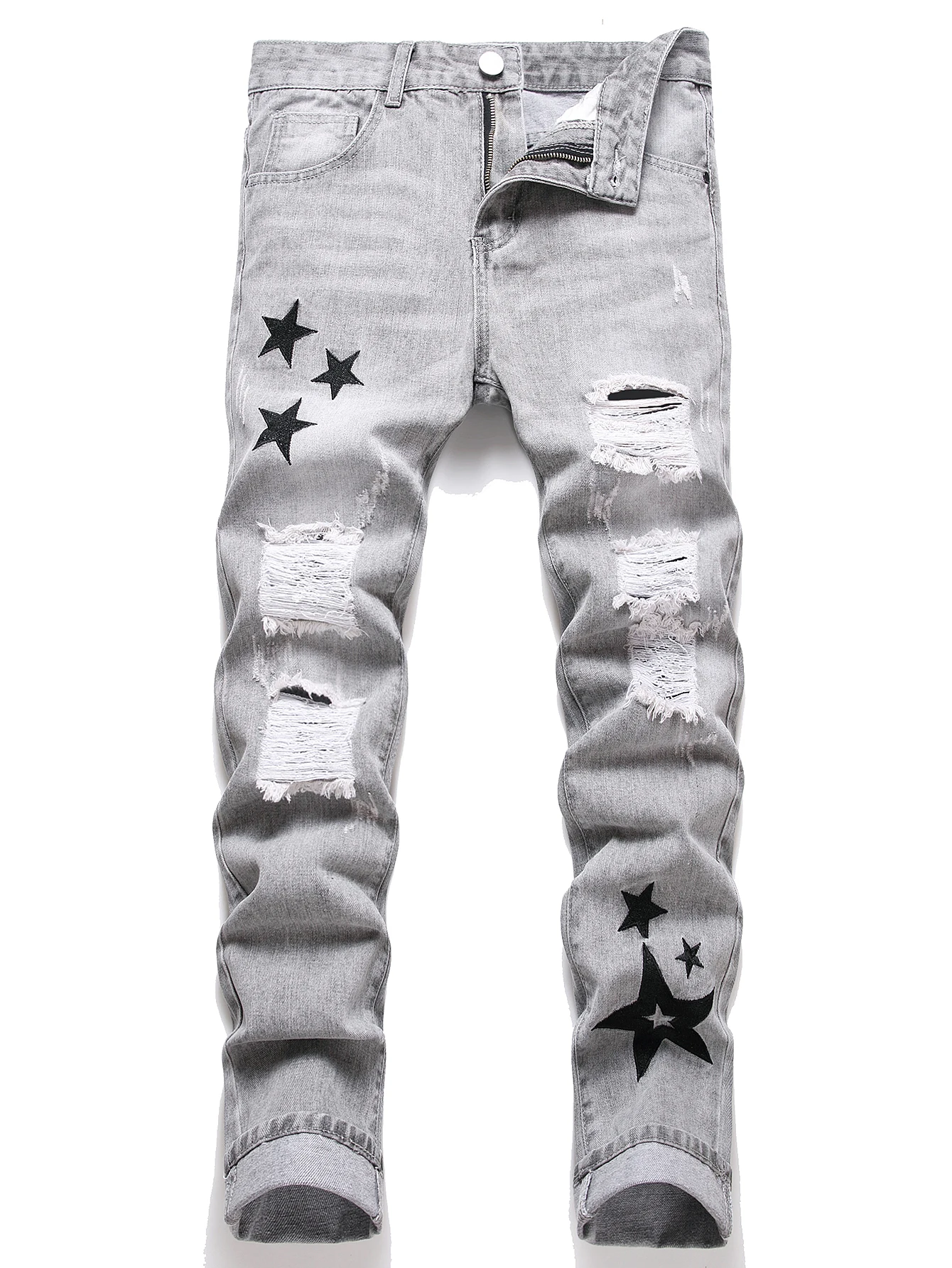 Y2K Men's Jeans - Trendy Gray Mid-Rise Straight Leg, Distressed Ripped with Whisker & Grunge Washes, Cool Street Style