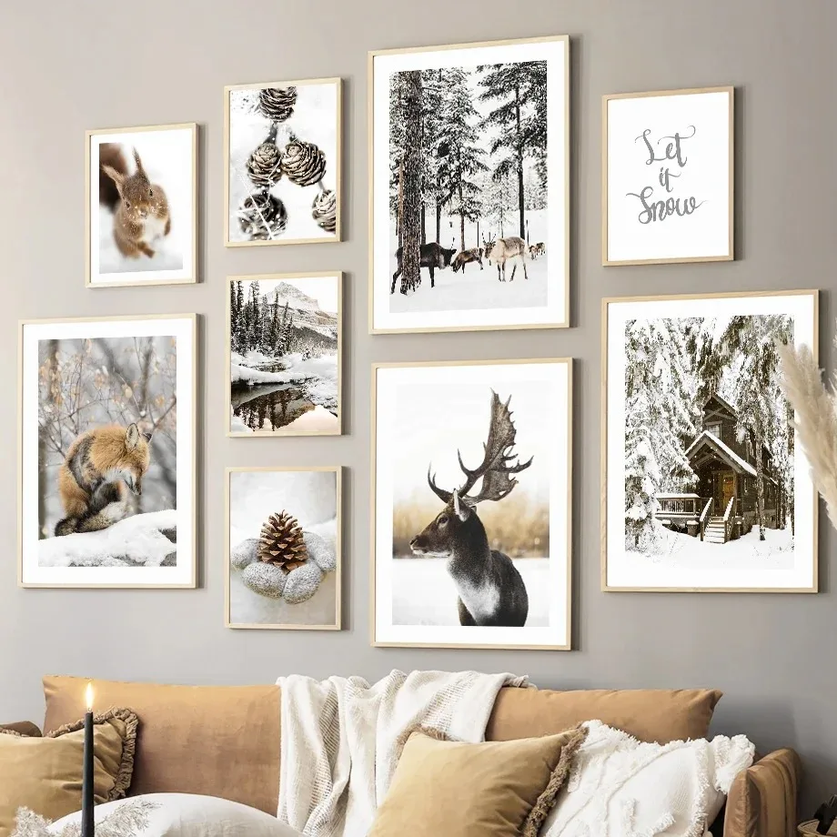 House Snow Mountain Deer Elk Squirrel and Pine Wall Art Canvas Painting and Printmaking Living Room Wall Painting