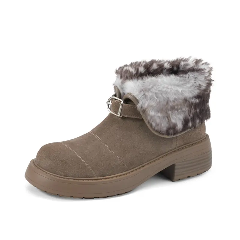 

2025 Winter Women's Cow Suede Platform Ankle Snow Boots Belt Buckle Design Warm Felt Shoes Cold Weather Fashion Comfort