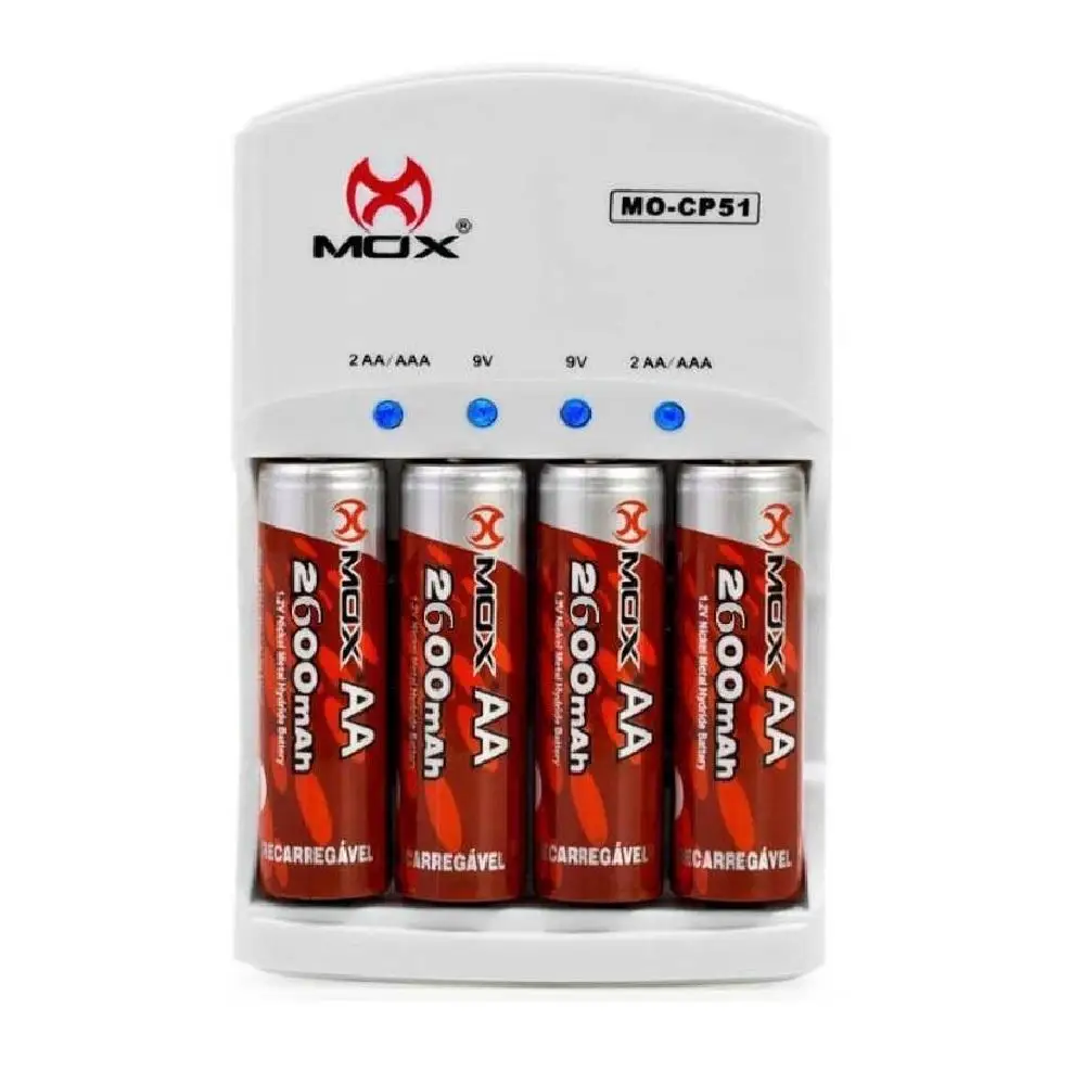 Bivolt Fast Mox Charger + 4 AA 2600Mha Rechargeable Batteries