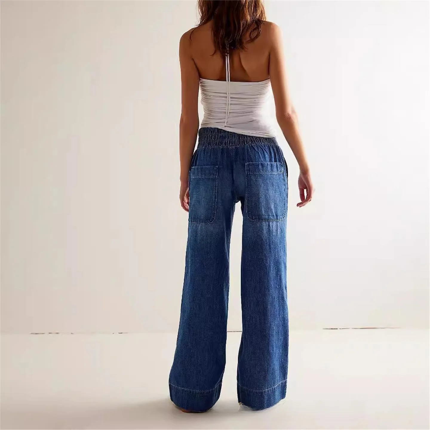 جديد 2025 جينز نسائي فضفاض واسع الساق بخصر مطاطي بنطال Faion غير رسمي متوسط الخصر من قماش الدنيم للسيدات #3