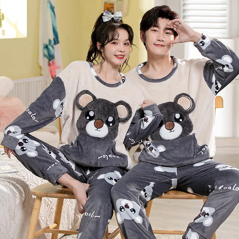 Large Thickened Warm Pyjamas Women Flannel Home Wear Eu Code Ladies Sleepwear Two-Piece Cartoon Round Neck Long-Sleeved Padded