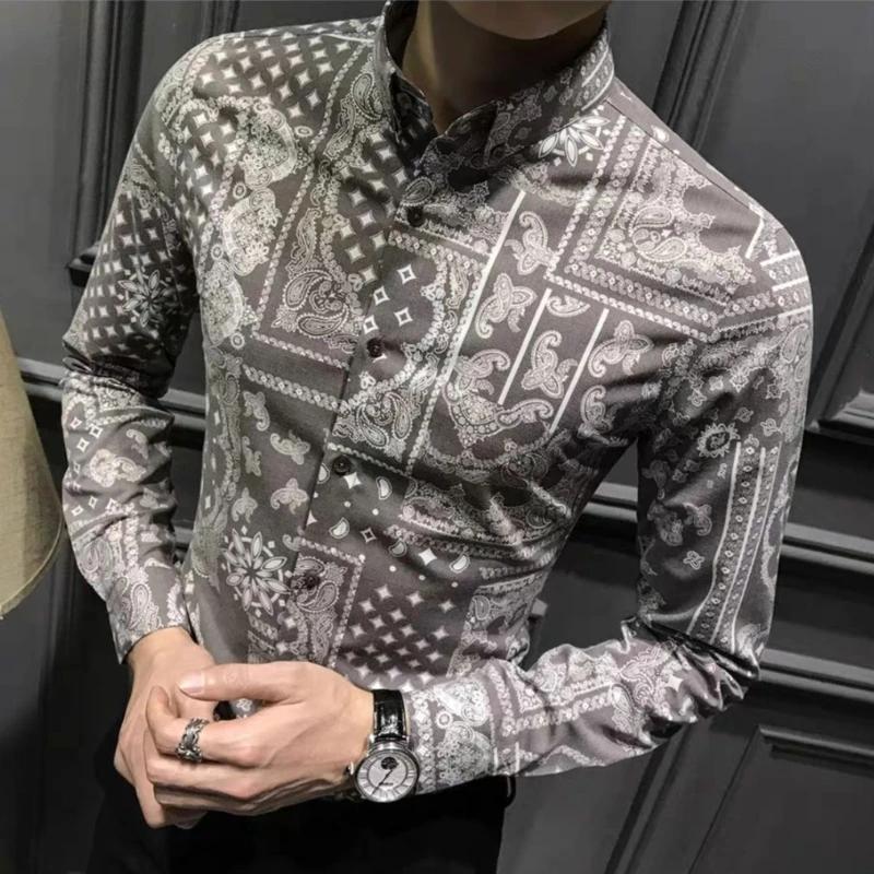 Man Shirt with Print Printed Shirts for Men Dot Floral Black New in Collar S Casual Social Cotton Sale Korean Popular Clothes I