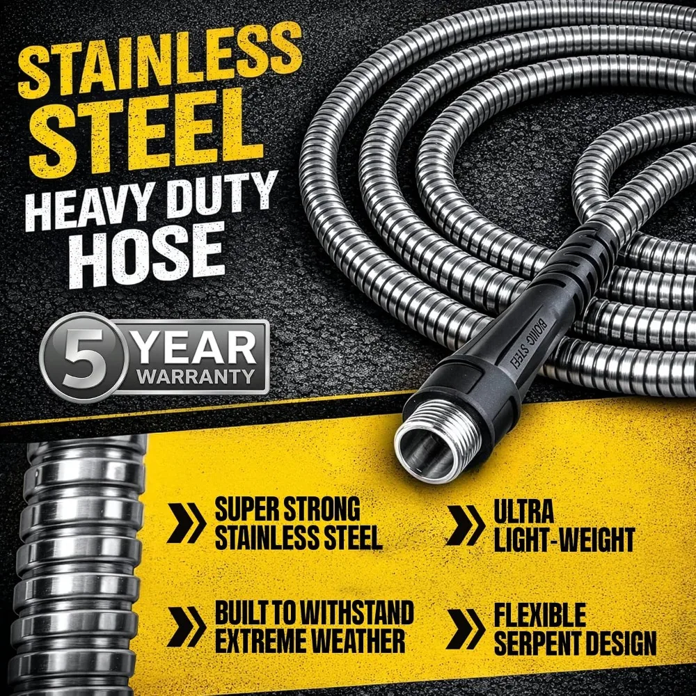 100FT Metal Garden Hose with Sprayer Nozzle - Non Kinking, Stainless Steel, Heavy Duty, 5/8in, 500 PSI