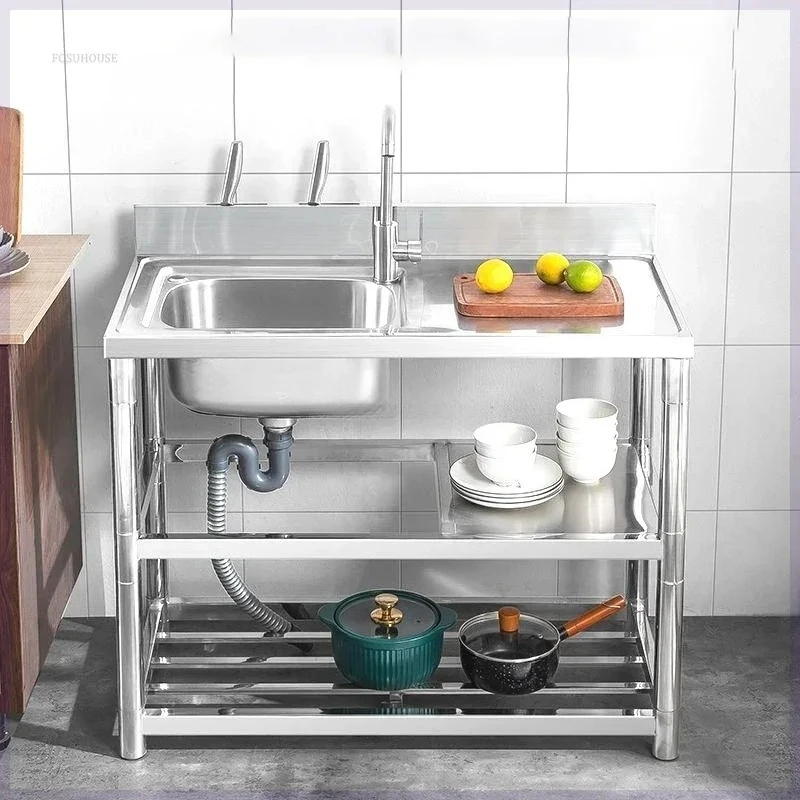 Thickened Modern Kitchen Sinks for Restaurant Floor-standing Double Basin Sink Simple Metal Commercial Kitchen