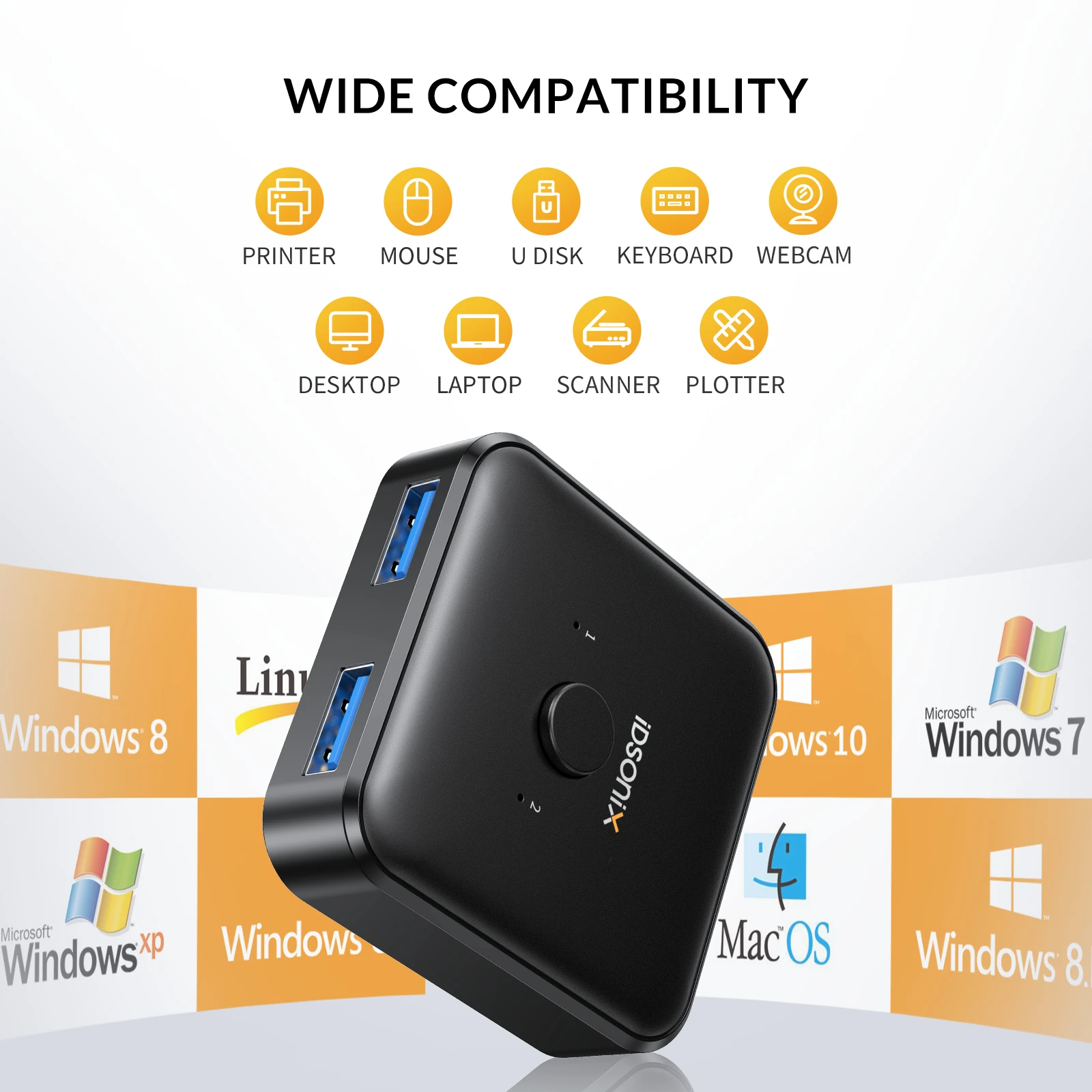 IDsonix USB 3.0 공유 스위처 어댑터, PC 프린터 키보드 마우스용, USB 허브, 2 in 1 출력 스위처, 5Gbps, USB3.0 공유 스위처