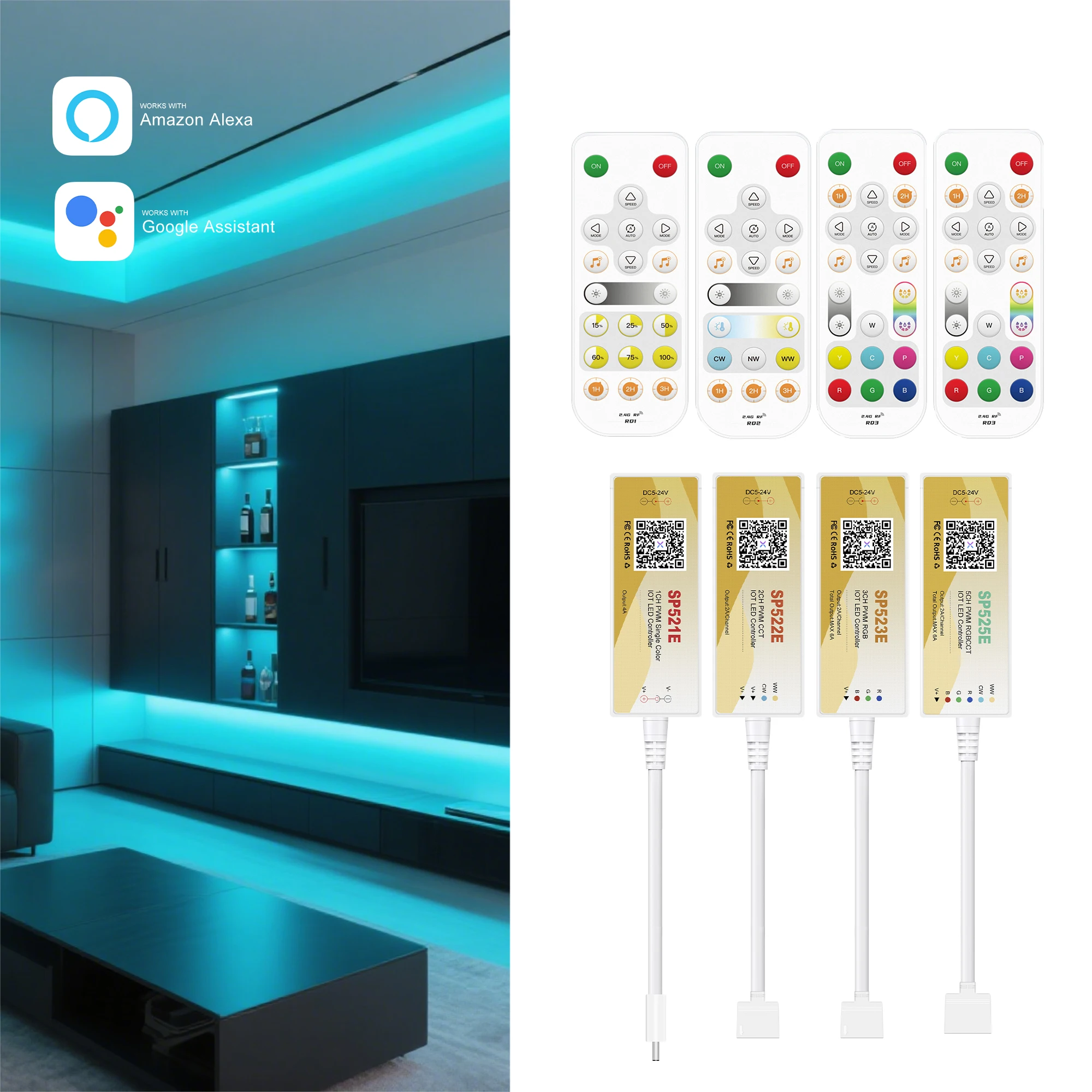 

DC5-24V 2.4G WiFi одноцветный контроллер светодиодного освещения CCT RGB RGBCW, приложение + 2,4G RF дистанционное управление Alexa Google для светодиодного освещения