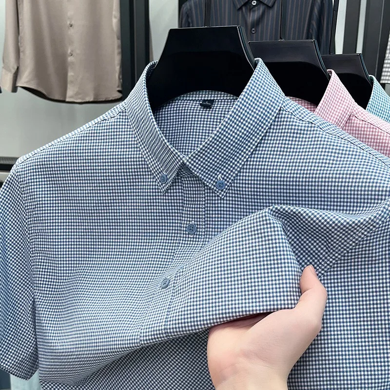 Men's Cotton Plaid Short Sleeve Shirt Business Casual Wrinkle-Resistant Button Down Blouse