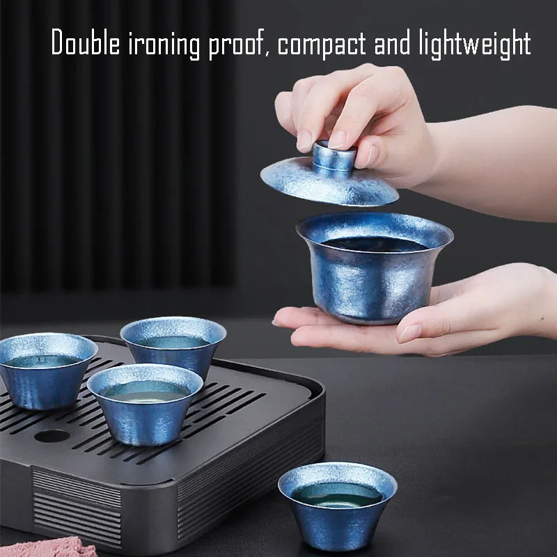 90ml Gaiwan Set,1Gaiwan+4Teacup +1Storage Bag,Double Layer Pure Titanium,Heat Proof,Corrosion Resistant,Portable Outdoor Tea Set