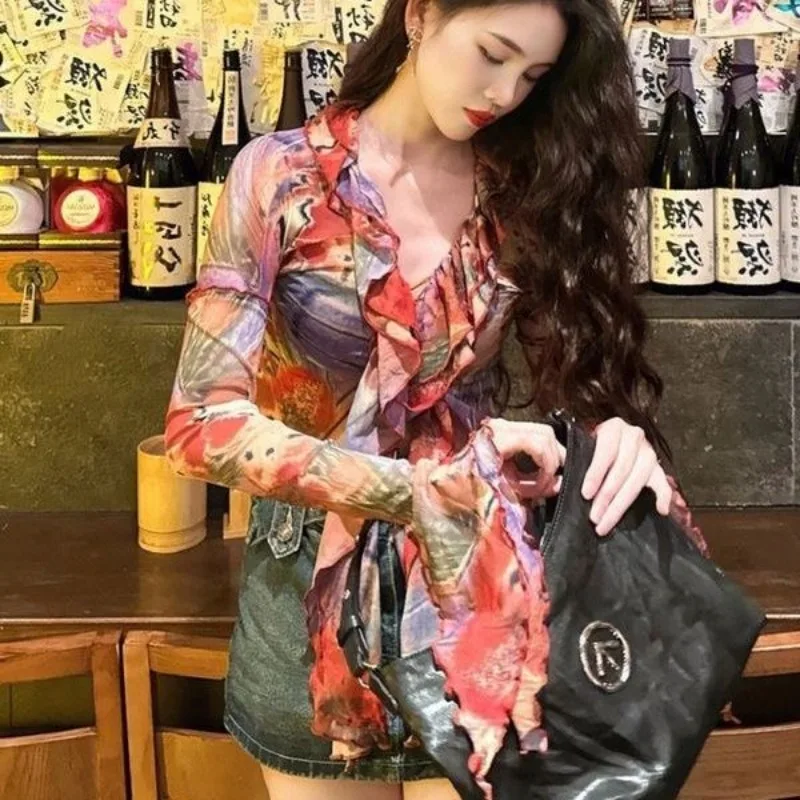 Women Blouse Colorful Fungus Flare Long Sleeve V-neck Summer Fashion Harajuku Japanese Style Design Elegant Streetwear Slim Y2k