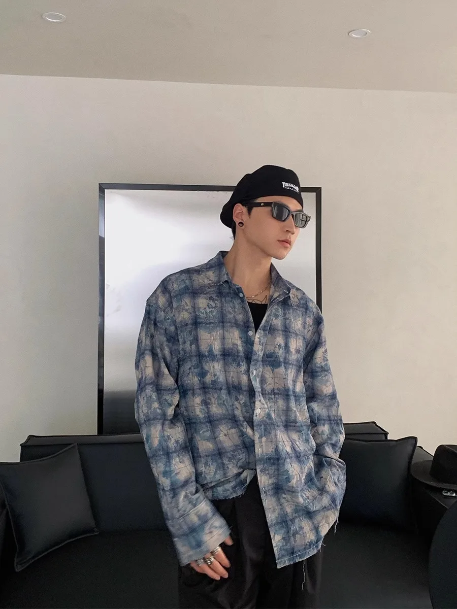 

Светло-голубая рубашка-поло в стиле тай-дай, длинная, в клетку, мужская, в американском ретро-стиле, повседневная, свободного кроя, универсальная для всех сезонов