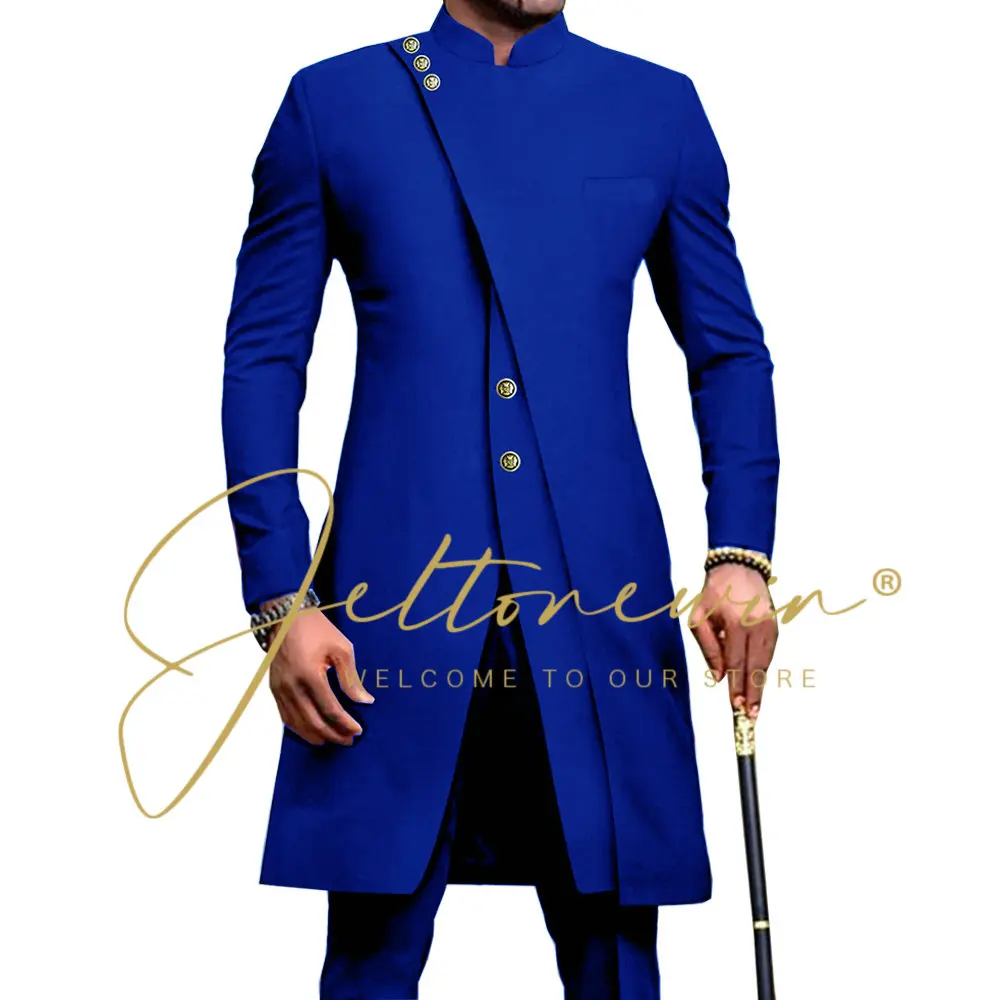 

2024 African Design Slim Fit Men Suits For Wedding Groom Tuxedos Royal Blue Suits Best Man Prom Party Blazer Pant