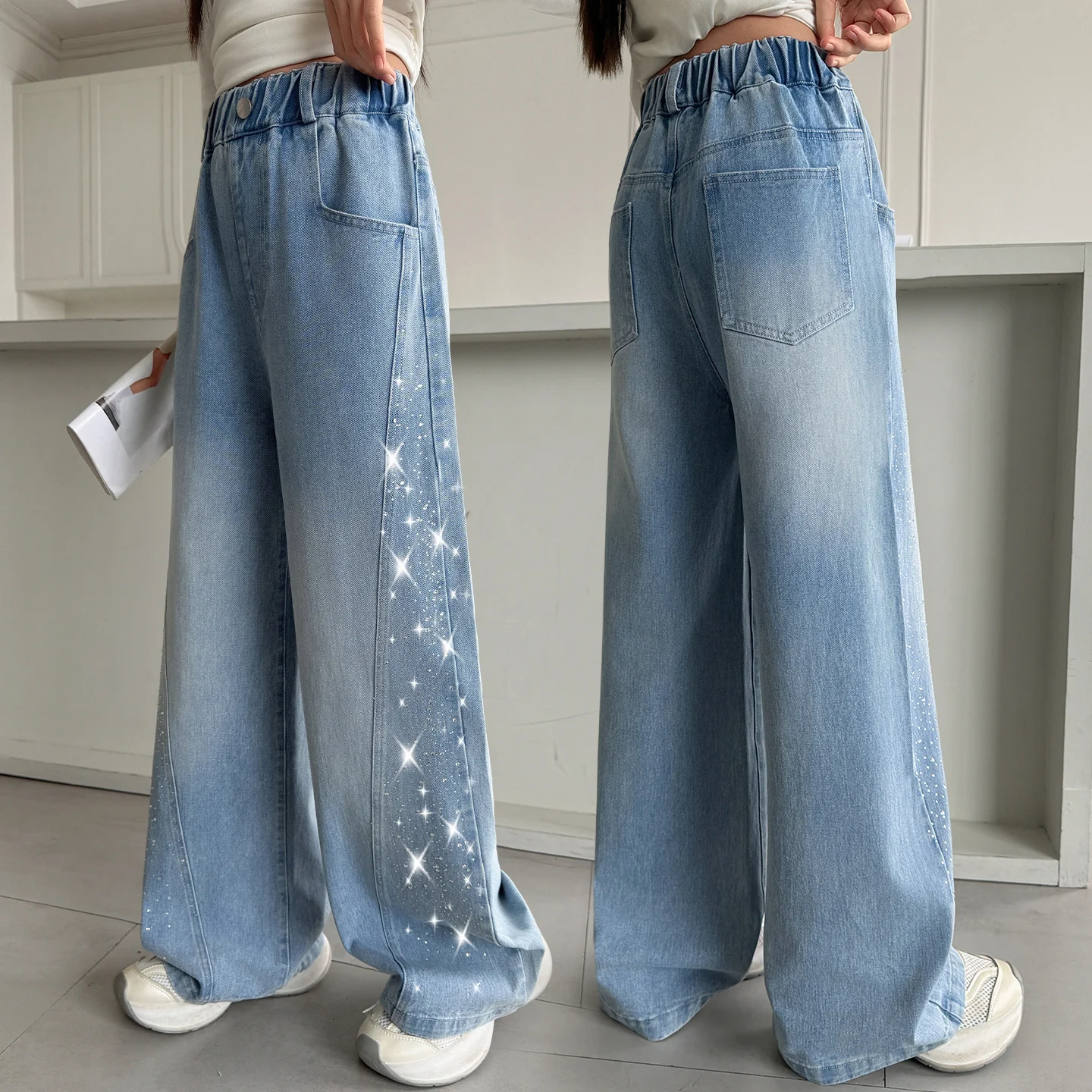 Fashion Kids Straight Leg Denim Pants Rhinestone Children Crystal Jeans for Teenage Girls Age 5 6 7 8 9 10 11 12 13 14 Years