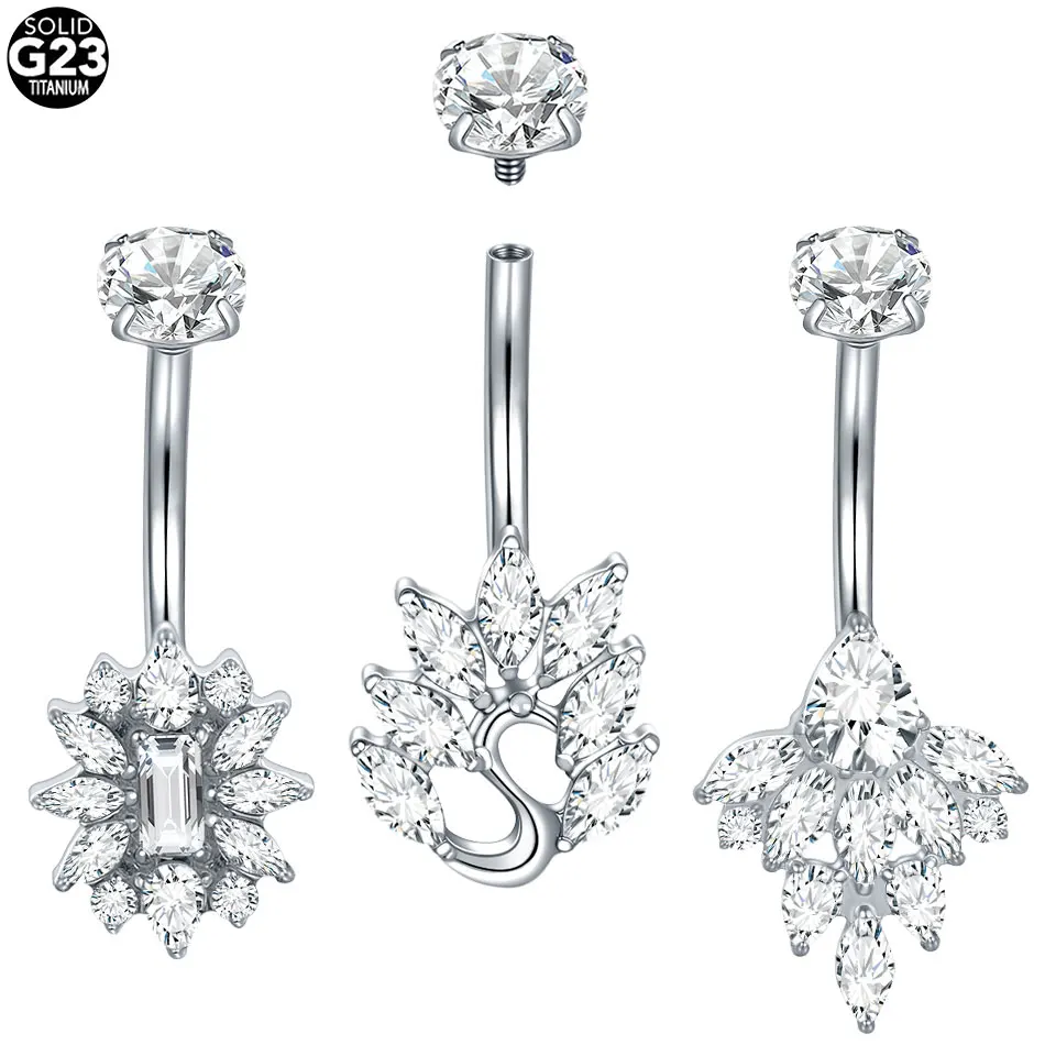 1Pc Titanium Flower CZ Zircon Belly Button Ring 14G Curved Barbell Navel Piercing Body Jewelry