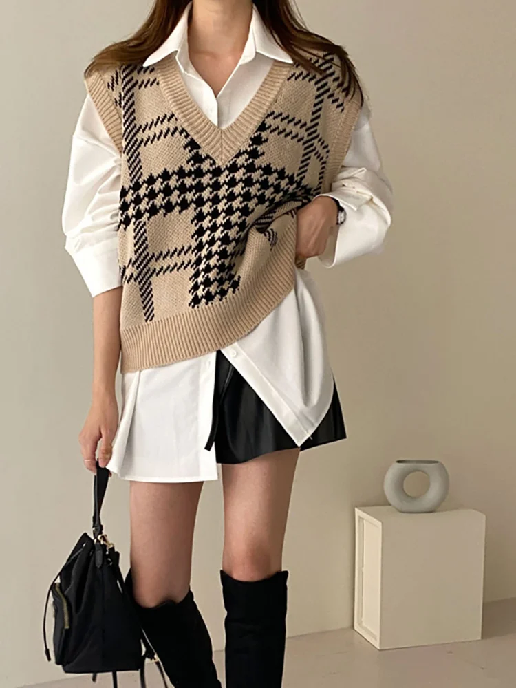 اسكواش houndstooth مخطط سترة سترة المرأة الخامس الرقبة محبوك تانك القمم أكمام الدبابات عادية تريكو الشتاء الخريف #2