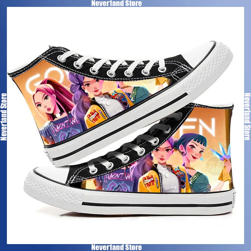 נעלי קנבס KPop Demon Hunters עם הדפס קרטון של Rumi Zoey Mira, נעליים שטוחות לתלמידים, נעלי סניקרס גבוהות ונושמות, מתנה
