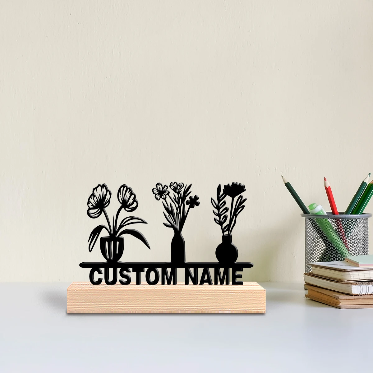 1pc Personalized Custom Three pots of flowers Metal Statues With Wooden Base Tabletop Decoration Nautical Wooden Base Wall Art f