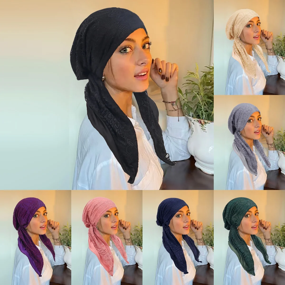 Double-Layer Laceผู้หญิงHijabนุ่มยืดหยุ่นจีบผ้าพันคอหมวกBreathableหมวกผมแฟชั่นTurban Bonnet