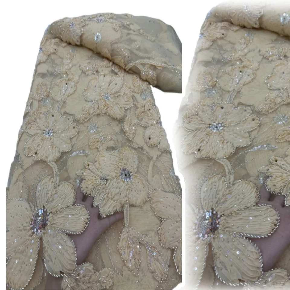 

Роскошная ручная вышивка с блестками, бисером, 3D кружево, высокое качество, африканский шифон, кружевная ткань с блестками для свадебного шитья CC1215