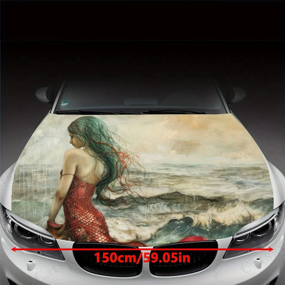 Vintage Dream Mermaid Print Car Hood Stickers - Waterproof Self-Adhesive Vinyl Decals, Vibrant Red & Blue Design, Durable Protec
