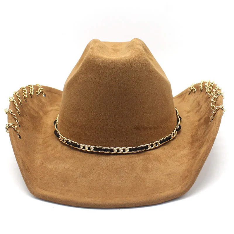 Trendiger Western-Cowboyhut für Männer und Frauen mit Metallkette, breiter Krempe, Wildleder-Visier, modische Jazz-Kappe – Detail 4