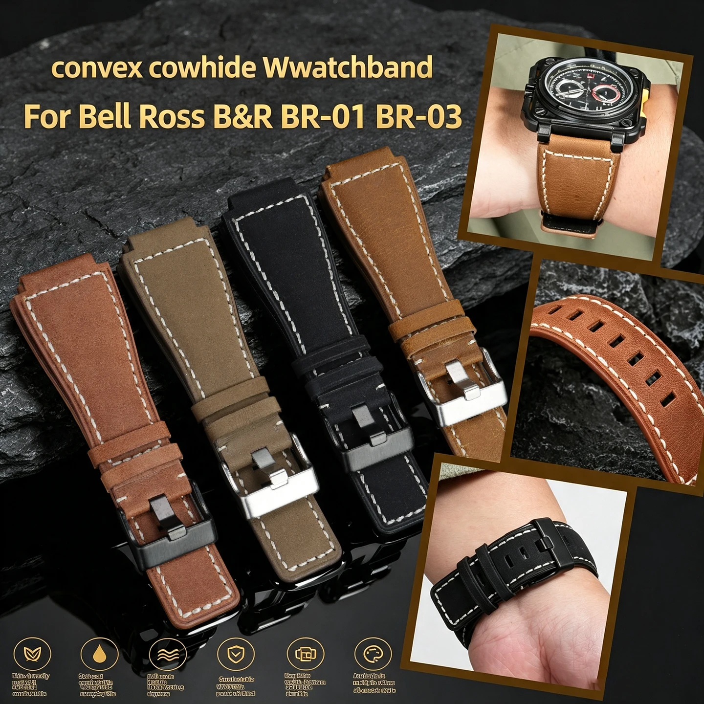 35‑24mm Convex Genuine Cowhide Leather Watch Strap For Bell Ross BR‑01 BR‑03 Series Men Replacement Comfortable Watchband
