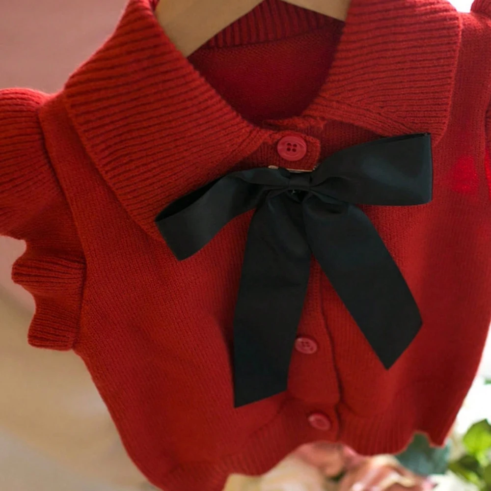 Korean 2024 New Turn Down Autumn Fashion Bow Kids Knitted Vest Sleeveless Top Children Clothing Casual Sweater Girls Waistcoat