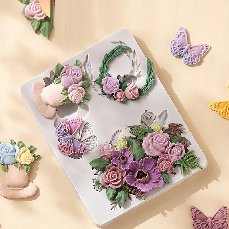 Rose Silicone Mold Butterfly Fondant Mould Flower Pot Bouquet Leaves Chocolate Cake Decorating Cupcake Topper Polymer Clay Tools