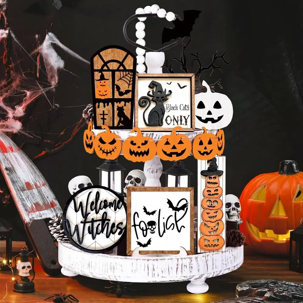 Halloween Pumpkin Tiered Tray Decor Jack O Lantern Black Cat Tree Wooden Signs Bat Bead Garland Rustic Gothic Halloween Decorati