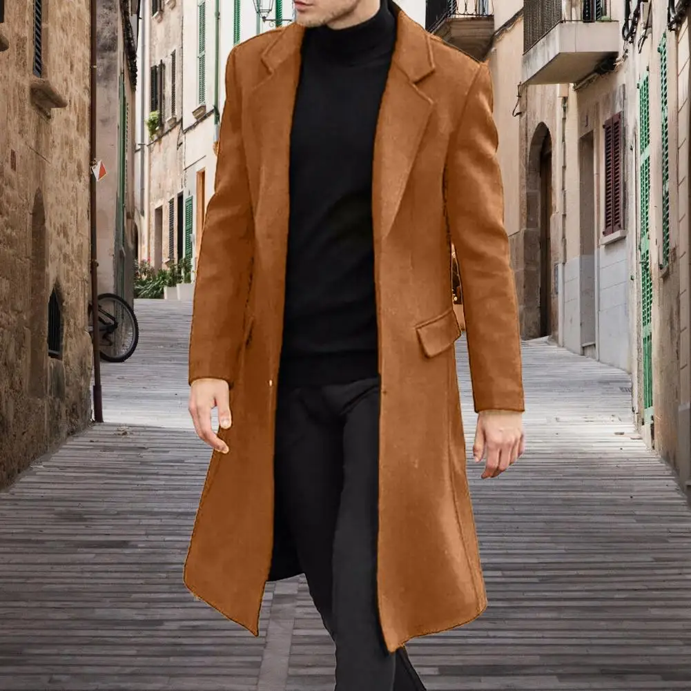 Men Woolen Coat Lapel Long Sleeve Buttons Placket Mid-length Coat Solid Color Retro Style Windbreaker Breathable Wool Men Coat