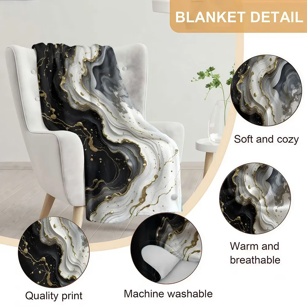 Black Gold Marble Fluid Soft Warm Flannel Blanket Lightweight Cozy Christmas Halloween Home Decor Room