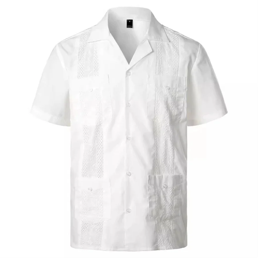 

Белые мужские рубашки Guayabera с четырьмя карманами и вышивкой, летняя рубашка с коротким рукавом, мужская мексиканская кубинская пуговица, повседневная свободная рубашка для мужчин