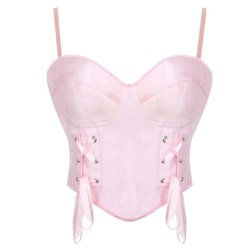 

Сексуальный женский корсет с завышенной талией, розовый жаккардовый корсет в стиле ретро, утягивающий жилет на шнуровке, укороченный топ