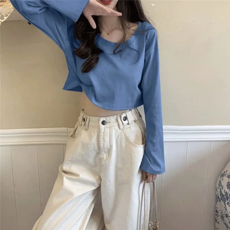 MEXZT Women Harajuku Simple Solid Color Cropped T-shirt Spring Fashion Loose All-match Tops Korean Students O-neck T-shirts New