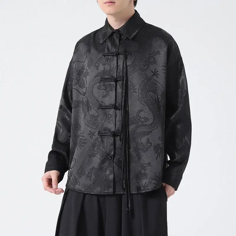 Dragon Jacquard Long Sleeve Lapel Collar Chinese Button Knot Shirt - Luxury Traditional & Modern Tang Suit Style for Men Plus